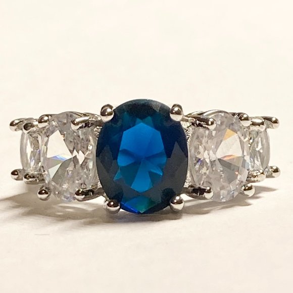 Silver Sapphire Blue Cubic Zirconia Anniversary Ring Size 7 Plated Simulated - Picture 5 of 11
